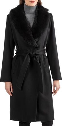 Sofiacashmere Sofia Wool & Cashmere Blend Wrap Coat with Genuine Shearling Trim in 001Blk at Nordstrom, Size 14