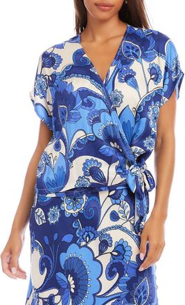 Karen Kane Blouson Side Tie Satin Wrap Top in Blue Print at Nordstrom, Size X-Large