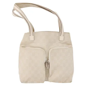 Gucci Double Pocket Tote Gg Canvas And Leather Ecru Canvas Handbag (Pre-Owned)