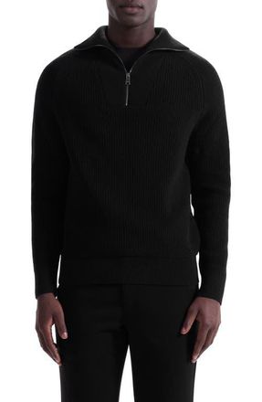 Bugatchi Merino Wool & Cotton Quarter Zip Pullover in Black at Nordstrom, Size Medium