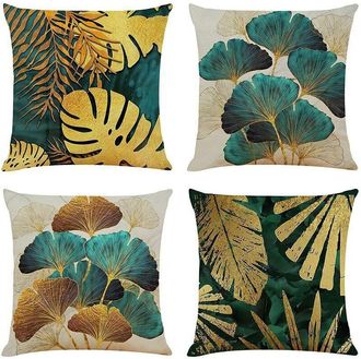 OEM Funda De Almohada - 45 X 45 Cm - Lino Ecol&oacute;gico - Estilo R&uacute;stico Con Estampado De Ginkgo - Pack De 4