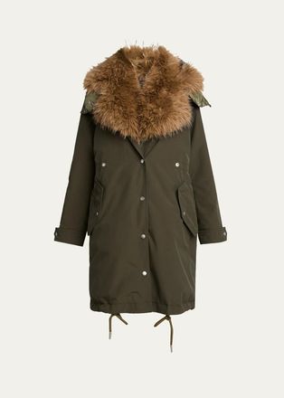 Moncler Halicte Long Down Parka with Faux Fur