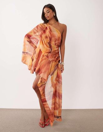 Asos vestito corto in chiffon asimmetrico monospalla con stampa-Multicolore