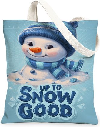 Generic Winter Snow Man Canvas Tote Bags, Cute Cold Character Design Reusable Grocery Bags, Holiday Lightweight Washable Shoulder S, Blue, 13x15 Inch