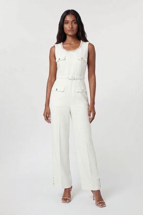 Karen Millen Womens Compact Stretch Embellished Trim Tailored Wide Leg Jumpsuit - White - Size 12 UK