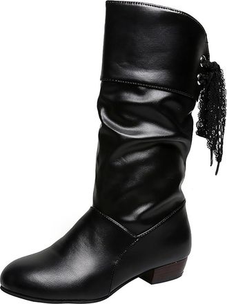 Generic Black Womens Pleated Student Knight Boots Low Heel with Round Toe Rear Lace-Up Mid Calf Fashion Casual Fall Winter Comfortable Warm Walking Shoes Pu M