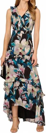 Adrianna Papell High Low Floral Chiffon Ruffle Dress In Black Multi