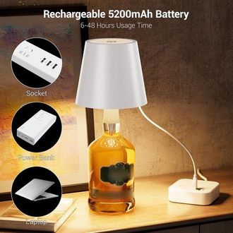OEM L&aacute;mpara Recargable T&aacute;ctil Para Botella De Vino Con Corcho, 3 Colores Con Atenuaci&oacute;n Continua, Ideal Para Bares, Color Negro, 1 Unidad