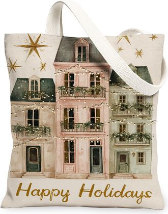 Generic Holiday Canvas Tote Bags, Charming Houses Pattern Reusable Grocery Bags, Vintage Linen Lightweight Washable Shoulder Strap, Beige, 13x15 Inch