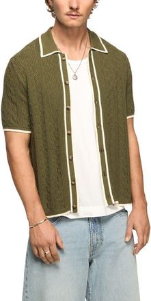 Lucky Brand Tipped Short Sleeve Cardigan in Burnt Olive at Nordstrom, Size Xx-Large