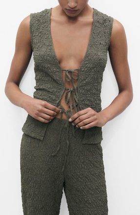Mango Texture Bow Sleeveless Top in Khaki Grey at Nordstrom, Size Small
