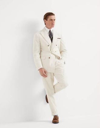 Brunello Cucinelli Mens Milk Double Breasted Cotton Suit, Size 50