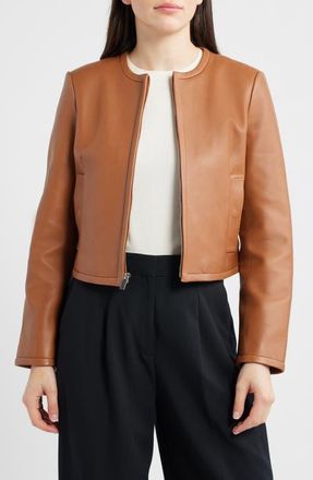 Theory Crop Leather Jacket in Bright Cognac at Nordstrom, Size X-Large
