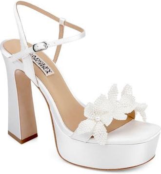Badgley Mischka Wicket Ankle Strap Platform Sandal in White Satin at Nordstrom, Size 6.5