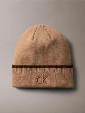 Calvin Klein Mens Embossed Logo Tipped Beanie - Brown