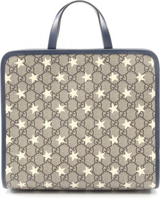 Gucci Beige Navy Coated Canvas Leather Handbag Tote Bag (Pre-Owned)