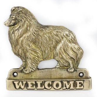 OEM Sheltie: Un Cartel Para Puerta Con Un Perro, Una Placa De Bienvenida De Lat&oacute;n, Un Cartel &Uacute;nico Con La Palabra Bienvenido De Art-dog