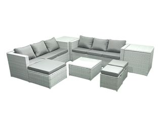 Fimous Rattan Garden Outdoor Furniture Set 9 Seater Rattan Garden Sofa Set with 3 Footstools 2 Side Tables Light Grey Mixed