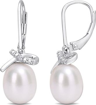 Amour 7.5-8mm Freshwater Cultured Pearl and Diamond Accent Leverback Earrings In Sterling Silver