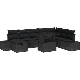 vidaXL Conjunto De Sof&aacute; De Jard&iacute;n 9 Pcs Negro Rat&aacute;n Sint&eacute;tico