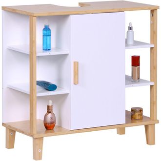 Relaxdays Relaxdays Mobile sottolavabo con anta, 6 ripiani HLP: 65x64x31 cm, bamb&ugrave; e MDF, mobile bagno, bianco/naturale