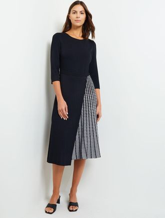 Misook Pleated Contrast Panel Soft Knit Dress, Black & White