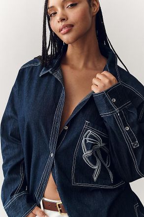 Pilcro Denim Long-Sleeve Embroidered Bow Buttondown Shirt
