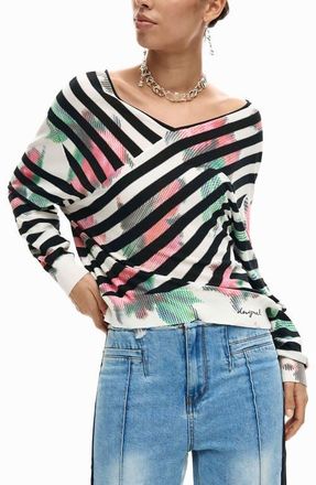 Desigual Stripe Fine Gauge Surplice Neck Sweater in Black at Nordstrom, Size X-Small