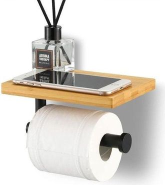OEM Portarrollos De Papel Higi&eacute;nico Con Estante De Bamb&uacute;, Soporte Para Rollo De Ba&ntilde;o De Acero Inoxidable Sus304, Montaje En Pared Negro Mate, No Requiere 