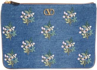 Valentino Garavani Medium VLOGO Embroidered Denim Pouch in Blue Multi at Nordstrom