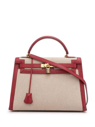 Herm&egrave;s Borsa tote Kelly 32 in pelle, tela e acciaio inossidabile Pre-owned - Rosso