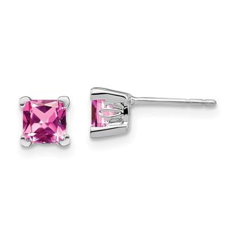 Diamond2Deal 14k White Gold Square Created Pink Sapphire Earrings