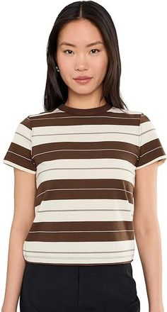 Daze Zuma Short Sleeve Crew Neck T-Shirts Womens Clothing Chocolate Stripe : LG, Cotton/Polyester