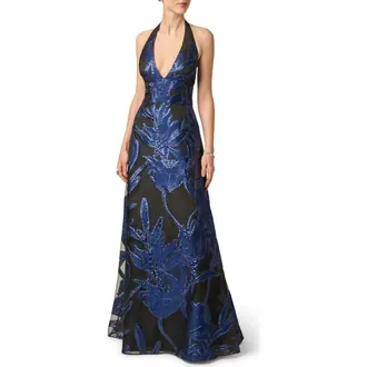 Aidan Mattox Halter Organza Jacquard Gown in Navy/black at Nordstrom, Size 14