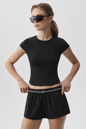 Alo | Ribbed Modal Cap Sleeve Top Shorts Short Sleeves in Black, Size: Medium