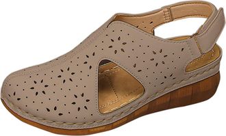 Generic Low Wedge Sandals for Women Breathable Closed Toe Summer Sandal Solid Color Lightweight Stylish Versatile Comfy Strappy Sandals with Arch Support Beac