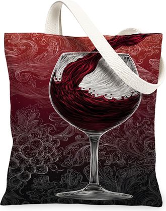 Generic Wine Glass Canvas Tote Bags, Artistic Red Liquid Pattern Reusable Bags, Fall Vintage Floral Lightweight Washable Canvas for, Red, 13x15 Inch
