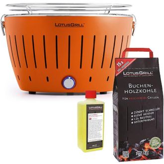 Lotus Grill Barbecue Arancione con Batterie e Cavo di Alimentazione USB + 2.5Kg di Carbonella di Faggio + Gel Combustibile 500ml -Lotus Grill