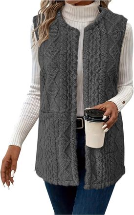 Generic Teddy Fleece Gilet for Women Sleeveless V-neck Button Down Vest Sherpa Fluffy Waistcoat Coat Solid Color Body Warmers Longline Cardigan Vests Autumn W