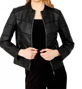 Frank Lyman Design Womens Faux Leather Bling Zip Jacket In Black