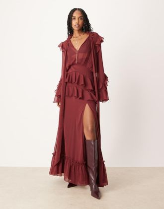 Asos Vestito lungo bordeaux tinta unita a maniche lunghe con volant-Rosso