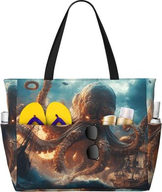 Generic Ocean Octopus Print Large Beach Bag Foldable Travel Shoulder Tote Bag With Pocket For Weekender Pool Vacation