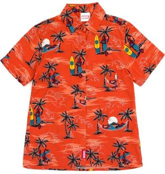 MARVEL Spider-Man Button Front Hawaiian Shirt in Spider Man Coral at Nordstrom, Size Xx-Large