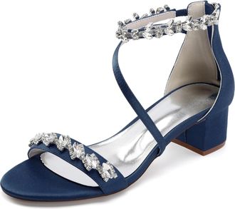 Generic Womens Wedding Heels Bridal Low Chunky Heels Sandals Satin Open Toe Heeled Party Dress Pump Shoes 4.5Cm,Dark Blue,10 UK