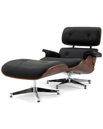 Pasargad Home Florence Black Leather Lounge Chair With Ottoman