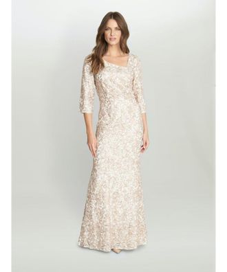 Gina Bacconi Womens Lilenne Asymmetrical Neck 3/4 Sleeve Sequin Lace Dress - Off-White - Size 10 UK