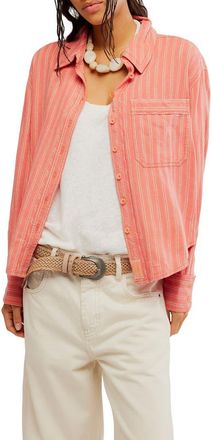 Free People Laurel Linen Blend Button-Up Shirt in Cinnamon Combo at Nordstrom, Size X-Large