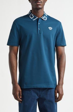 Versace Metallic Greca Collar Piqu&eacute; Polo in Petrol Blue at Nordstrom, Size Xx-Large