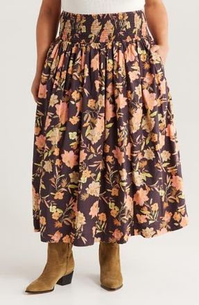 Treasure & Bond Floral Print Smocked Waist Skirt in Burg- Pink Jordan Floral at Nordstrom Rack, Size 1 X