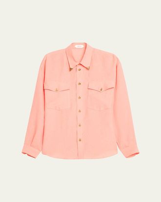 Versace Mens Linen Medusa Metal-Trim Button-Down Shirt